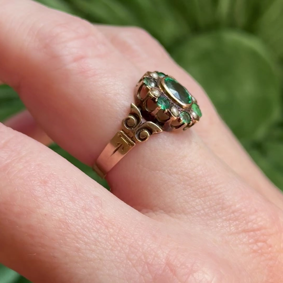 Victorian Green Stone & Seed Pearl Ring in Gold — view 12 of 12