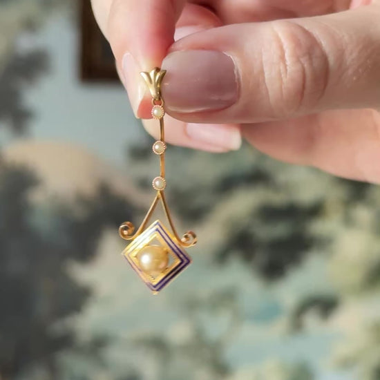 Art Deco Pearl & Seed Pearl Enamel Lavalier Pendant in 10K Gold — view 11 of 11