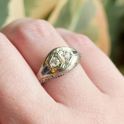 Art Deco Toi et Moi  Diamond and Sapphire Ring in White Gold