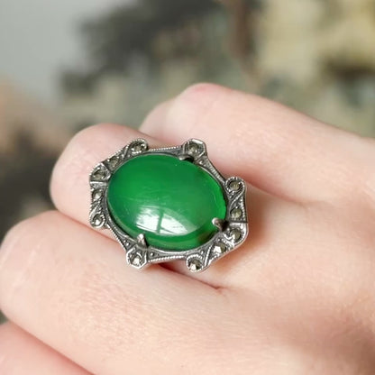 Art Deco Green Onyx & Marcasite Shield Ring in Sterling Silver