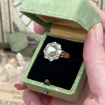 Antique Pearl & Old European Cut Diamond Halo Ring in 14K Gold
