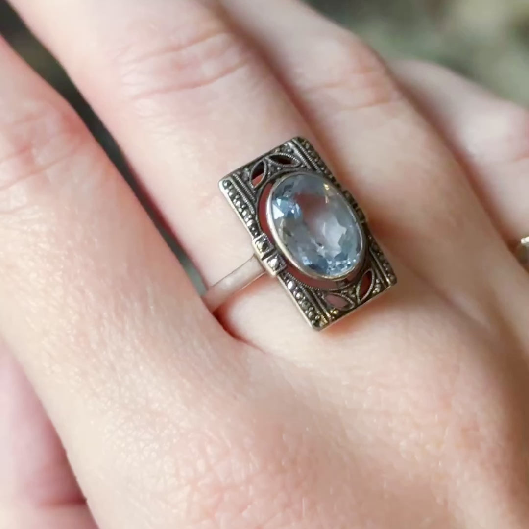 Mid-Century Synthetic Spinel & Marcasite Ring in Sterling Silver — view 11 of 11
