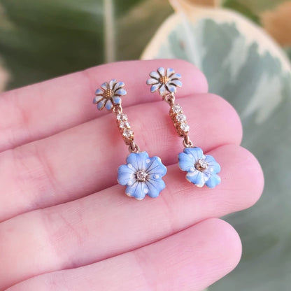 Antique Blue Enamel & Diamond Flower Stud Earrings in Gold