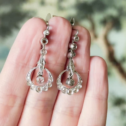 Rose Cut Diamond Filigree Drop Earrings in 18K White Gold