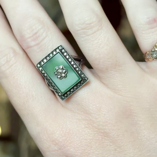 Art Deco Chrysoprase & Marcasite Cocktail Ring in Sterling Silver — view 12 of 12