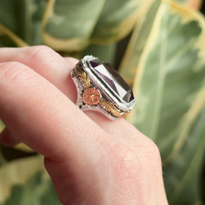 Antique Art Deco Cocktail Ring with Amethyst in Two Tone Filigree 14K White Gold