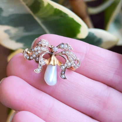 Edwardian Garland Style Brooch with Seed pearls & Freshwater Pearl in 14K Gold