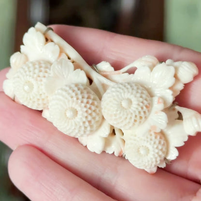 Art Deco Hand Carved Coral Chrysanthemum Obijime Obidome Ornament