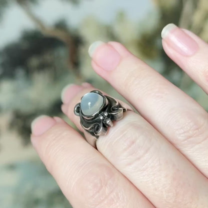 Arts & Crafts Moonstone Cabochon Ring in Sterling Silver
