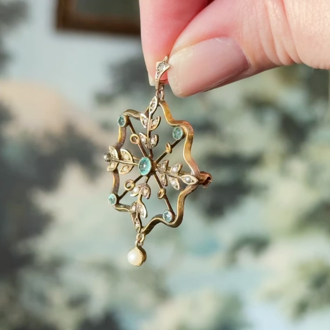 Edwardian Blue Paste & Seed Pearl Starburst Pendant in 10K Gold — view 12 of 12