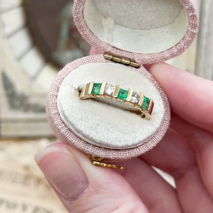 Vintage Princess Cut Emerald & Diamond Band Ring in 14K Yellow Gold