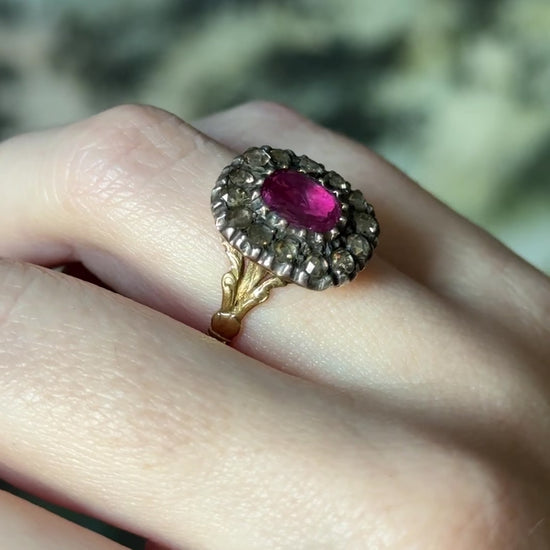 Georgian Pink Sapphire & Rose-Cut Diamond Ring in Silver-Topped Gold — view 16 of 16