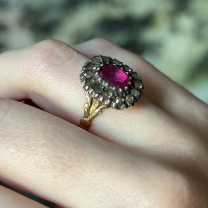 Georgian Pink Sapphire & Rose-Cut Diamond Ring in Silver-Topped Gold — view 16 of 16