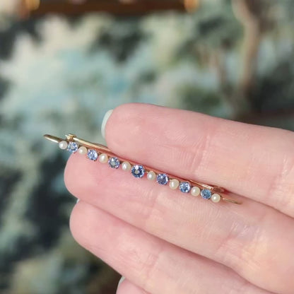 Edwardian Sapphire & Seed Pearl Bar Brooch in 10K Yellow Gold — view 11 of 11