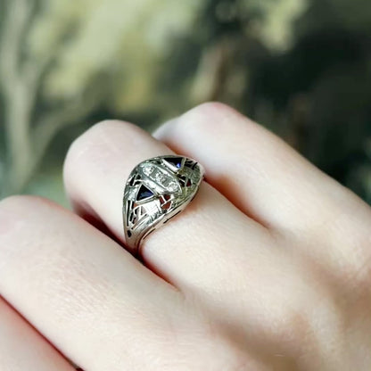 Art Deco Diamond & Synthetic Sapphire Filigree Ring in White gold