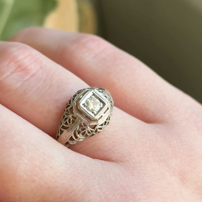 Art Deco Domed Filigree Diamond Ring in White Gold