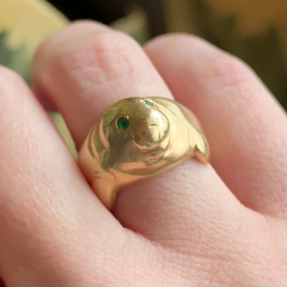 Amazing Vintage Manatee Ring in 14K Yellow Gold w Emerald Eyes