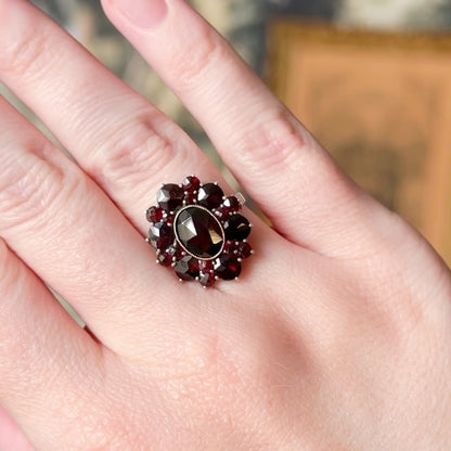Art Deco Rose Cut Garnet Cluster Ring in Sterling Silver
