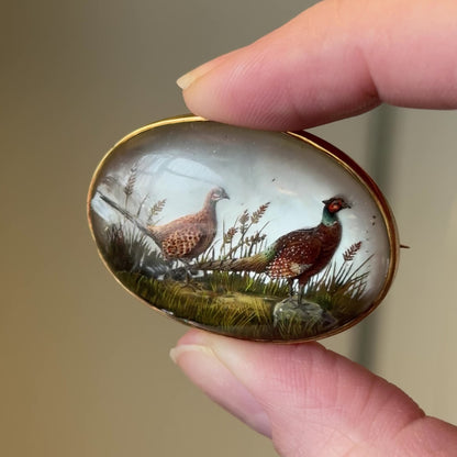 Edwardian Marcus & Co Reverse Carved Essex Crystal Pheasant Brooch in Gold