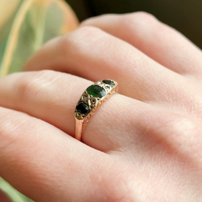 Edwardian Green Gemstone & Diamond Ring in 9K Gold - AS FOUND