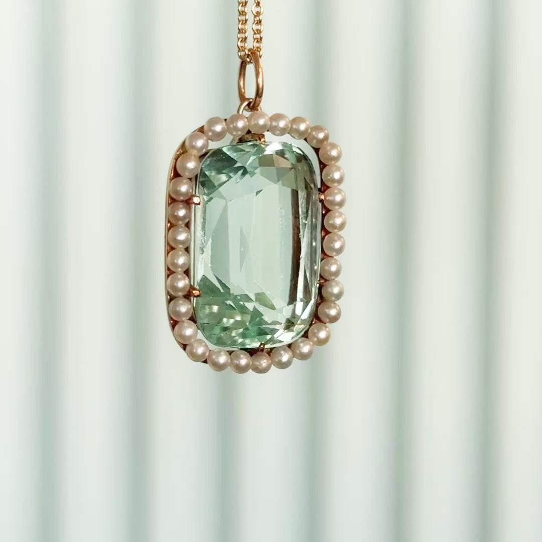 Edwardian Aquamarine & Seed Pearl Pendant in 14K Yellow Gold — view 14 of 14
