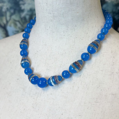 Art Deco Blue Glass Split Bead Necklace on Silver Chain