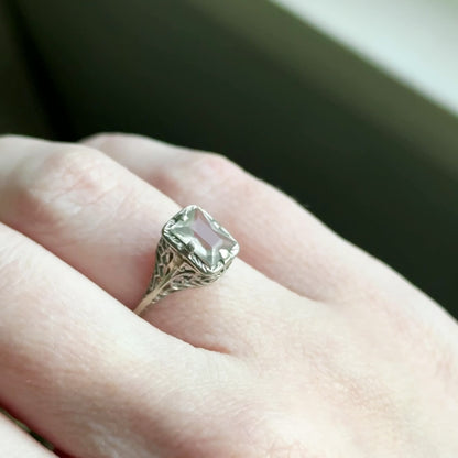 Art Deco Aquamarine Ring in 10K White Gold filigree