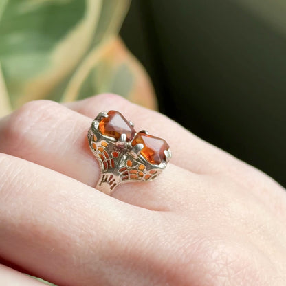 Art Deco Toi et Moi Citrine Filigree Ring in White Gold