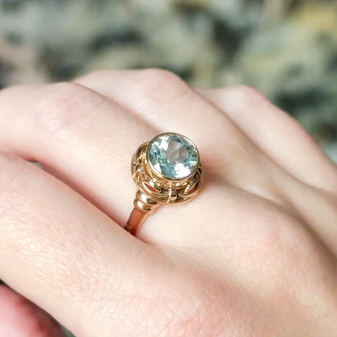 Retro Swiss Blue Topaz Celtic Knot Ring in 14K Two-Tone Gold — view 13 of 13