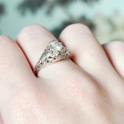 Art Deco Transitional Cut Diamond Ring in 14K White Gold