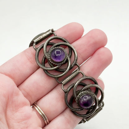 Vintage Mexican Silver Amethyst Cabochon Bracelet