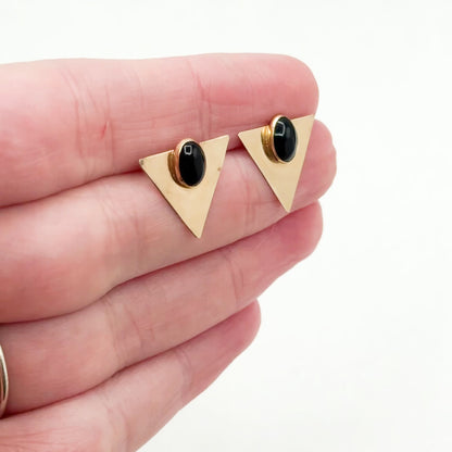 Vintage 1990s Triangular Stud Earrings w Onyx Cabochon in 10K Gold