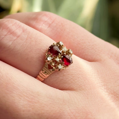 Victorian Garnet & Rose Cut Diamond Ring in 10K Rose Gold