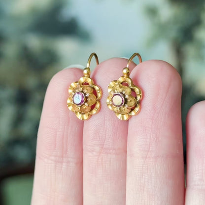 French Art Nouveau Fuchsia Paste Flower Earrings in 18K Yellow Gold