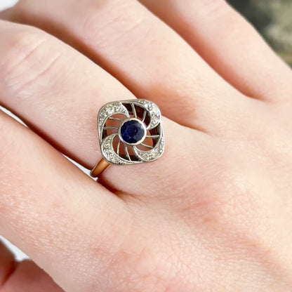 Antique Sapphire & Diamond Ring with Openwork Platinum on 14K Gold