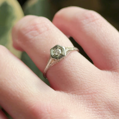 Art Deco Diamond Ring with Filigree Details Hexagon
