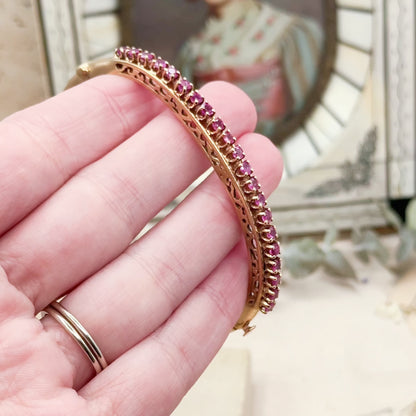 Vintage MidCentury Ruby Line Hinged Bangle Bracelet in 14K Gold