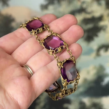 Art Nouveau Purple Paste Floral Bracelet in Base Metal
