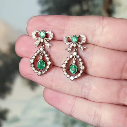 Vintage Emerald & Diamond Bow Drop Earrings in 18K White Gold