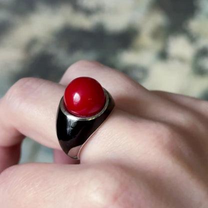 Mid-Century Red Orb & Enamel Statement Ring in Silver