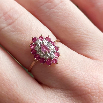 Vintage navette Cluster Marquise Ring with Diamonds and Rubies in 14K Gold