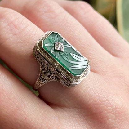 Antique Art Deco Flip LOCKET Ring in Chrysoprase and Onyx 14K White Gold