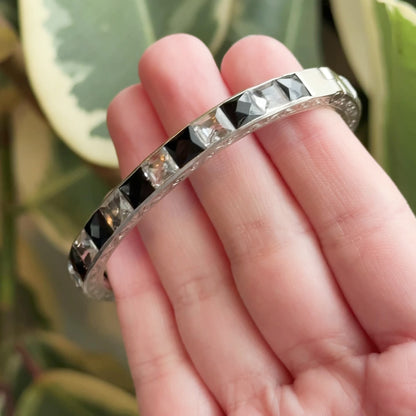 Art Deco Hinged Paste glass Bangle Black and Clear in White Metal