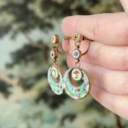 Vintage Italian Mosaic Glass Crescent Earrings in Base Metal - AS IS