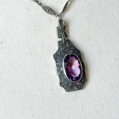 Late 20th Century Amethyst & Marcasite Necklace & Earring Set in Sterling Silver — view 19 of 19