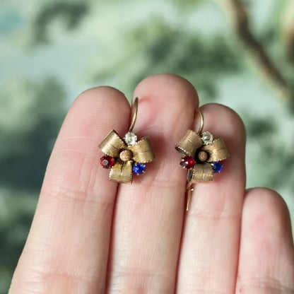 Antique Red & Blue Paste Ribbon Earrings in 10K Yellow Gold