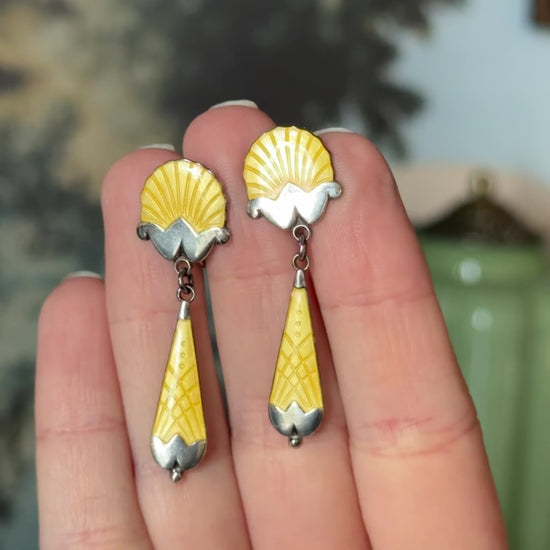 Art Deco Yellow Enamel Seashell Drop Earrings in Sterling Silver — view 10 of 10