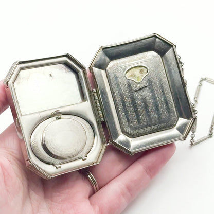 Antique Art Deco Compact Purse with Blue Guilloche Enamel in White Metal