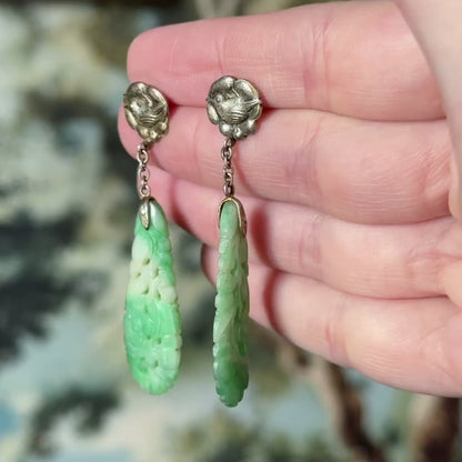 Art Deco Carved Jade Drop Earrings in Sterling Silver — view 14 of 14