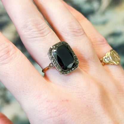 Art Deco Hematite & Marcasite Ring in Sterling Silver with gold shank, As found